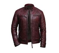 Fashion_First Red Leather Jacket Mens Cafe Racer Motorcycle Quilted Leather Jacket Burgundy Biker Jacket Men