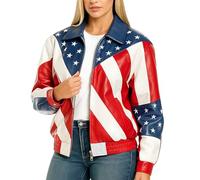 Fashion_First Womens American Flag Leather Jacket - Red White and Blue Bomber Style with Full Sleeves, Button Cuffs Jacket