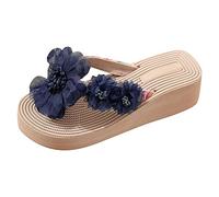 Fashion Flip Flops for Women Women Slippers Summer New Pattern Fashion Flower Decoration Non Slip Wedge Large Flip Flop for Indoor & Outdoor Holiday Summer Vocation (Dark Blue, 6.5)