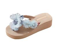 Fashion Flip Flops for Women Women Slippers Summer New Pattern Fashion Flower Decoration Non Slip Wedge Large Flip Flop for Indoor & Outdoor Holiday Summer Vocation (Blue, 6)