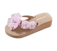 Fashion Flip Flops for Women Women Slippers Summer New Pattern Fashion Flower Decoration Non Slip Wedge Large Flip Flop for Indoor & Outdoor Holiday Summer Vocation (Pink, 5)