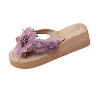 Fashion Flip Flops for Women Women Slippers Summer New Pattern Fashion Flower Decoration Non Slip Wedge Large Flip Flop for Indoor & Outdoor Holiday Summer Vocation (Purple, 5.5)