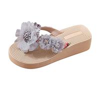Fashion Flip Flops for Women Women Slippers Summer New Pattern Fashion Flower Decoration Non Slip Wedge Large Flip Flop for Indoor & Outdoor Holiday Summer Vocation (Grey, 6)