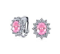 Fashion Formal Holiday Party Bridal Oval Pink Cubic Zirconia Halo Crown AAA CZ Stud Clip On Earrings For Women Wedding Non Pierced Ear Silver Plated