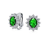 Fashion Formal Holiday Party Bridal Oval Simulated Emerald Green Cubic Zirconia Halo Crown AAA CZ Stud Clip On Earrings For Women Wedding Non Pierced Ear Silver Plated