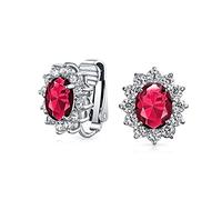 Fashion Formal Holiday Party Bridal Oval Simulated Red Ruby Cubic Zirconia Halo Crown AAA CZ Stud Clip On Earrings For Women Wedding Non Pierced Ear Silver Plated