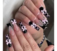Fashion full cover acrylic long coffin nails with black glossy stick with bow and press on nails for a stylish look