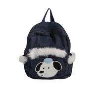 Fashion Furry Plush Spliced Small Backpack Denims Daypack with Cartoon Dog Applique Book Bag for School and Travel