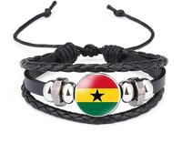Fashion Ghana Flag Bracelet - African Countries Multi-Layer Braided Leather Adjustable Bangle, Fashion Wristband Jewelry Gift Accessories For Women Men Patriotic,Black,Long 18Cm