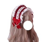 Fashion hairpin Bow Lace Headband Lolita Fashion Maid Hairband Pearl Chains Headdress Girls Lolita Dress Hair Accessories(Wine Red)