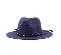 Fashion Hollowed Handmade Cowboy Straw Hat Women Men Summer Outdoor Travel Beach Hats Unisex Solid Western Sunshade Cap(Navy blue,52-54CM Adjustable)