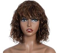 FASHION IDOL Bob Curly Human Hair Wig for Black Women 10 Inches Brazilian Virgin Human Hair Short Deep Water Wavy Wig with Bangs 150% Desity (10 Inch, Brown)