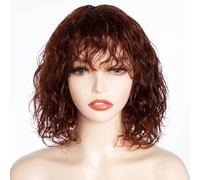 FASHION IDOL Bob Curly Human Hair Wig for Black Women 10 Inches Brazilian Virgin Human Hair Short Deep Water Wavy Wig with Bangs 150% Desity (10 Inch, Red Brown)