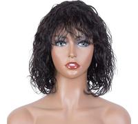 FASHION IDOL Bob Curly Human Hair Wig for Black Women 10 Inches Brazilian Virgin Human Hair Short Deep Water Wavy Wig with Bangs 150% Desity Natural Black