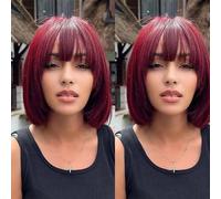 FASHION IDOL Bob Human Hair Wig with Bangs for Black Women Short Straight Hair 10 Inches Wine Red Glueless Machine Made Short Bob Wigs
