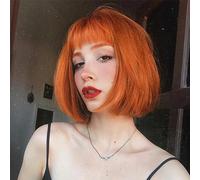 FASHION IDOL Bob Human Hair Wig with Bangs for Women Short Straight Hair 10 Inch Orange Glueless Machine Made Short Bob Wigs