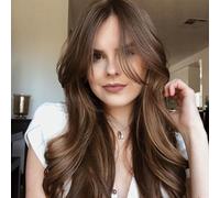 FASHION IDOL Lace Front Brown Synthetic Wig Pre-Plucked Highlight Glueless 28 Inch Straight Hair Wear and Go Curtain Bangs in the Split Lace Hair Stitching Layered Color Wig