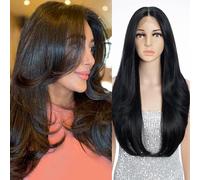 FASHION IDOL Lace Front Wig for Women Synthetic Natural Black Door Curtain Multi-layered Flared Bangs in the Split Lace Hair Stitching Color Wig 28 Inches 150%