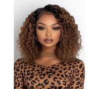 FASHION IDOL Short Curly Bob Human Hair Wig Precut Preplucked Glueless Wear and Go C-Type Part Lace Wig 200% Density Upgraded Invisible Secret Glueless Human Hair Ready to Wear Wigs
