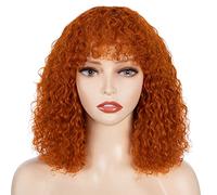 Fashion Idol Short Curly Human-Hair Wigs with Bangs 12 Inch Jerry Curl Bob Wigs Brazilian Virgin Human Hair None Lace Front Wigs for Black Women Machine Made Orange
