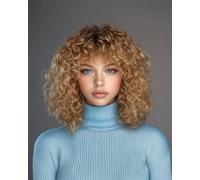 Fashion Idol Short Curly Human-Hair Wigs with Bangs 12 Inch Jerry Curl Bob Wigs Human Hair Brazilian Virgin Human Hair None Lace Front Wigs for Black Women Machine Made Ombre Gold Wigs