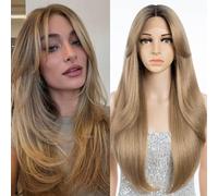 FASHION IDOL Wig for Women Synthetic Lace Front Door Curtain Bangs in the Split Lace Hair Stitching Layered Color Wig