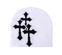 Fashion Knit Beanie with Cross Pattern Y2K Unisex Soft Jacquard Cap Popular Hip-Hop Cool Street Outdoor Sports Earflap Hat, White, M