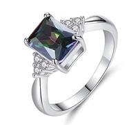 Fashion Lady 925 Sterling Silver Mysterious Rainbow fire Ring Square Cut Single Stone Ring Mystic RainbowEternity Engagement Wedding Band Ring for Women