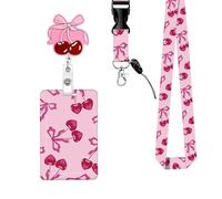 Fashion Lanyard for Women with Retractable Reel, Sliding Badge Holder and Vertical ID Card Protector Case, Boho Floral Design for Nurses Teachers as a Cute Work Lanyard (Pink Cherry Bow)