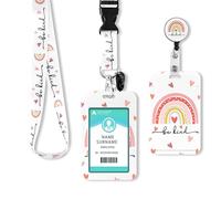 Fashion Lanyard for Women with Retractable Reel, Sliding Badge Holder and Vertical ID Card Protector Case, Boho Floral Design for Nurses Teachers as a Cute Work Lanyard (Rainbow)