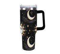 Fashion Large Ice Cup, Travel Coffee Tumbler Car Mug, Stainless Steel Vacuum with Straw for Men and Women Mystical Magical Cosmic Astrology Sun Crescent Moon Stars Gold Black Art