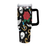 Fashion Large Ice Cup, Travel Coffee Tumbler Car Mug, Stainless Steel Vacuum with Straw for Men and Women Cool Rock Wild Eagle Red Rose Skull Floral