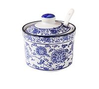 Fashion & Lifestyle Ceramic Blue and White Porcelain Sugar Bowl Spice Jar with Lid and Spoon Seasoning Box Condiment Pots White Sugar Dispenser 8 Ounces