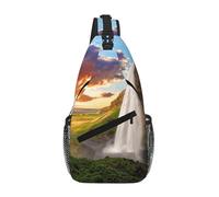 Fashion Lightweight Iceland Waterfall River Field Sunset Print Sling Bag Chest Shoulder Backpack Crossbody Bags Casual Daypack For Men