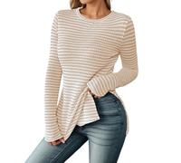Fashion Long Sleeve Top for Women Slim Fit Knitted Shirt with Side Slits Striped Design for Versatile Outfit Selection, khaki, S