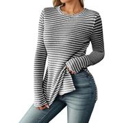 Fashion Long Sleeve Top for Women Slim Fit Knitted Shirt with Side Slits Striped Design for Versatile Outfit Selection, black, XXL