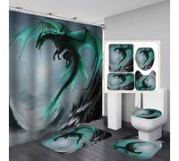 Fashion&Man 16PCS/Set Fantasy Flying Dragon Shower Curtain Polyester Waterproof Bath Curtain Non-slip Bathroom Rugs Bath Mat Set Toilet Lid Cover Magic Animal Bathroom Decor+12 Hooks, 72"x72", Green