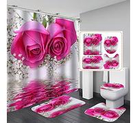 Fashion&Man 4PCS/Set Pink Rose Shower Curtain Floral Flower Bathroom Set Fabric Cloth Waterproof Bath Curtain, Non-slip Bathroom Rugs Bath Mat Toilet Lid Cover, Artistic Lake Reflection Romantic Rose