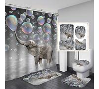 Fashion&Man 4PCS Shower Curtain Mould and Mildew Resistant Polyester Waterproof Bathroom Curtains + Toilet Mats Toilet Rug Set Toilet Carpet with 12 Hooks, 72 * 72in, Cute Elephant Blowing Bubbles