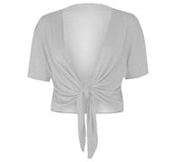 Fashion Mark New Ladies Short Sleeve Tie Up Front Cropped Bolero Shrug Crop Cardigan Womens Plain Front Adjustable Tie Shrug Top UK 8-22 Silver