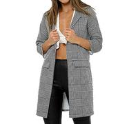 Fashion Mark Womens Checkered Hound Tooth Tartan Check Duster Coat Ladies 3/4 Sleeve Flap Pocket Jacket Blazer Top Size UK 8-26