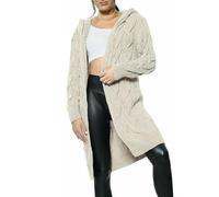 Fashion Mark Womens Chunky Cable Knitted Oversized Longline Hooded Cape Cardigan Ladies Baggy Pocket Long Jumpers Coatigan UK Plus Size 8-16 Stone