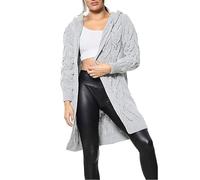 Fashion Mark Womens Chunky Cable Knitted Oversized Longline Hooded Cape Cardigan Ladies Baggy Pocket Long Jumpers Coatigan UK Plus Size 18-26 Silver