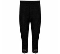 Fashion Mark Womens Cotton 3/4 Length Cropped Legging Ladies Lace Trim Edge Elasticated Waist Stretchy Trouser Pant Size UK 8-26 Black