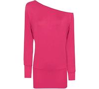 Fashion Mark Womens One Off Shoulder Long Sleeve Baggy Batwing Top Ladies Plain Soft Touch Casual Wear Shirt Jumper Dress Size UK 8-26 Cerise