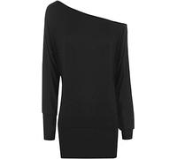 Fashion Mark Womens One Off Shoulder Long Sleeve Baggy Batwing Top Ladies Plain Soft Touch Casual Wear Shirt Jumper Dress Size UK 8-26 Black