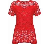 Fashion Mark Womens Round Neck Lace Sequin Plus Size Top Ladies Short Sleeve Peplum Frill Party Wear Oversize Blouse Top Size UK 14-28 Red