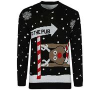 Fashion Mark Womens to The Pub Printed Reindeer Christmas Jumper Unisex Mens Long Sleeve Xmas Party Wear Sweatshirt Sweater Top Black