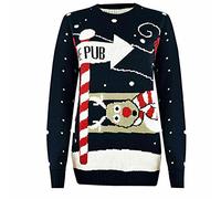 Fashion Mark Womens to The Pub Printed Reindeer Christmas Jumper Unisex Mens Long Sleeve Xmas Party Wear Sweatshirt Sweater Top Navy
