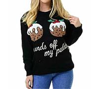 Fashion Mark Womens Xmas Knitted Baggy Jumper Top Ladies Hands Off My Pudding Funny 2 Cupcakes Christmas Sweater UK 8-22 Black